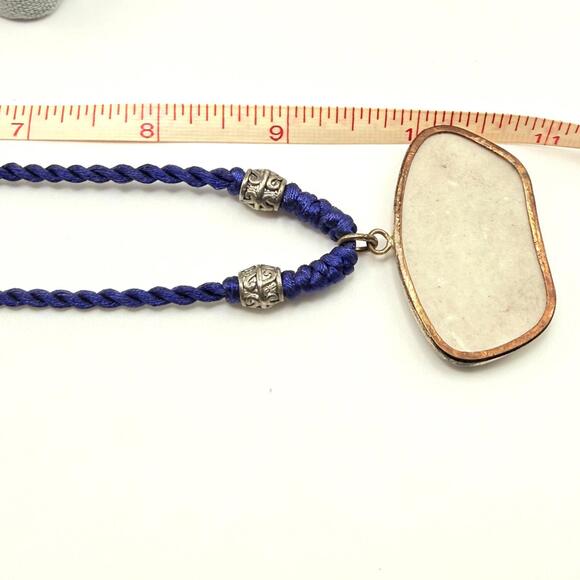 Vintage Japanese Blue White Pottery Pendant Necklace Blue Silk Tie Closure - Picture 5 of 7